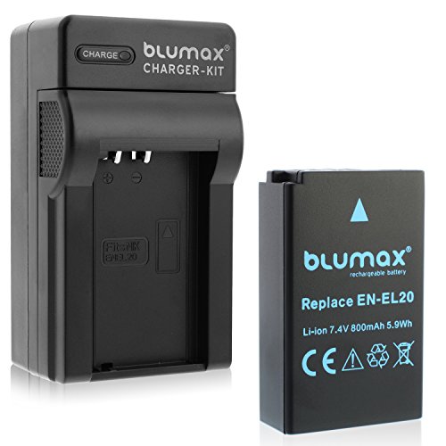 Blumax EN-EL20 800mAh + Ladegerät EN-EL20 | passend zu Nikon DL 24-500 1 AW1 J1 J2 J3 S1 V3 COOLPIX A - Blackmagic Pocket Cinema