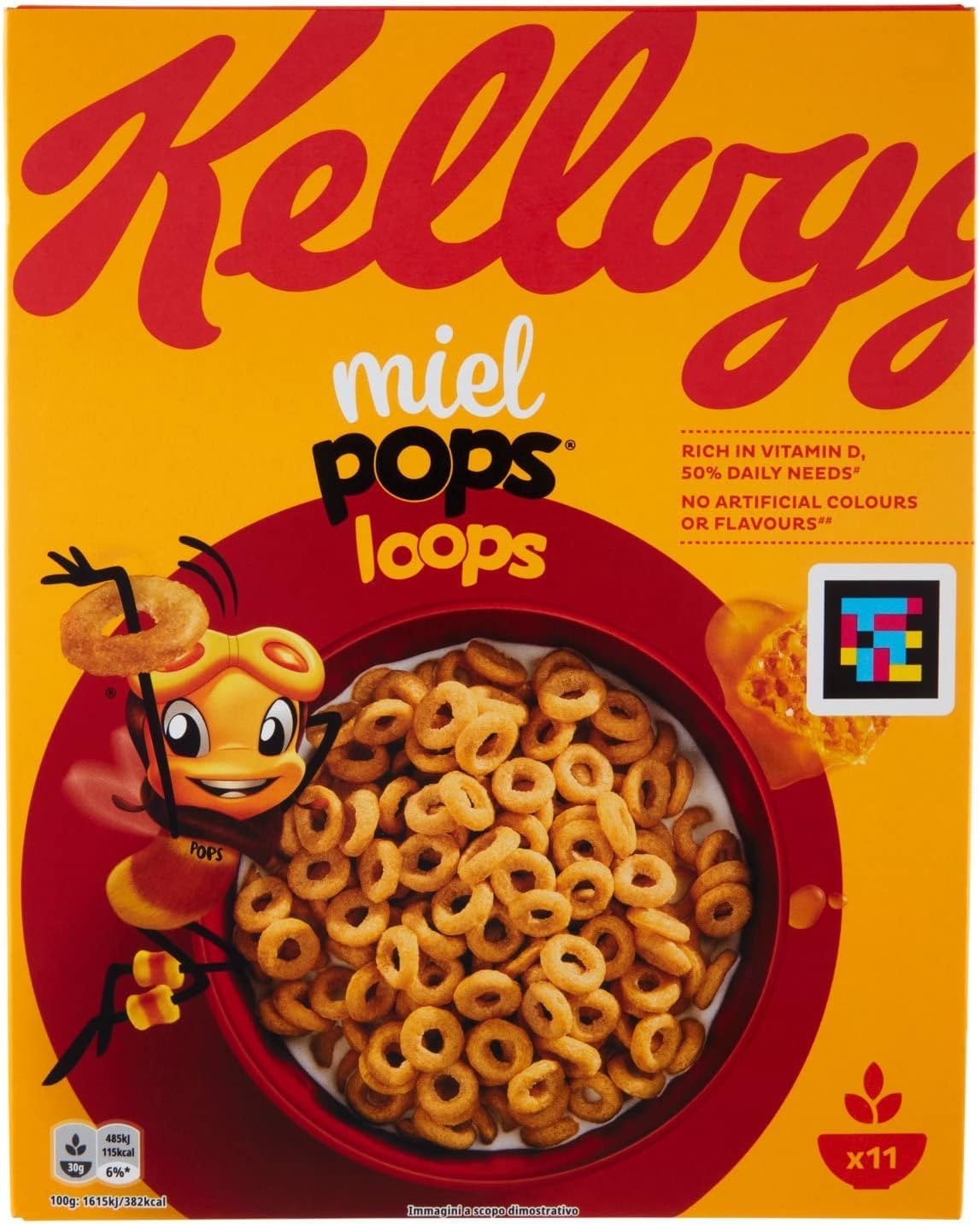 6x Kellogg's Cereali Miel Pops Loops, Vollkornringe gemischt mit Honig, angereichert mit Vitaminen und Mineralstoffen 330g