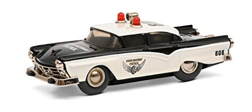 Schuco 450176000 Micro Racer Fairlane Police, 1045/1, Modellauto mit Rundumleuchten und Lautsprecher auf Dach, Die-cast mit Aufziehmotor, schwarz/Weiss, geschlossener Karton mit Schiebehülle
