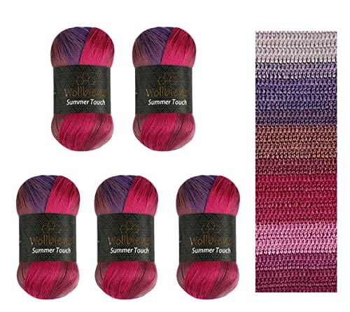 Wollbiene Summer Touch Batik 5 x 100 Gramm Wolle Mehrfarbig mit Farbverlauf, 500 Gramm merzerisierte Strickwolle Microfiber-Acryl (508 beere-lila)