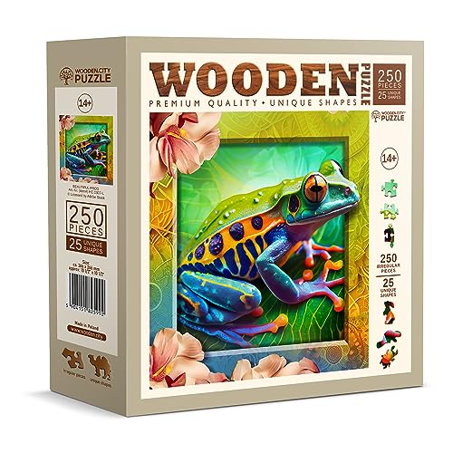 WOODEN.CITY Holzpuzzle – Bunter Frosch, 250 Teile – einzigartige ungewöhnliche Puzzles mit tierförmigen Teilen – anspruchsvolles Holzmosaik-Puzzle für Erwachsene