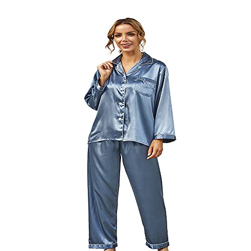 Damen Pyjama Set, Langarm/Kurzarm Nachtw?sche aus Satin-Seide Einfarbig Pyjama Set Schlafanzug f¨¹r Damen mit Knopfleiste