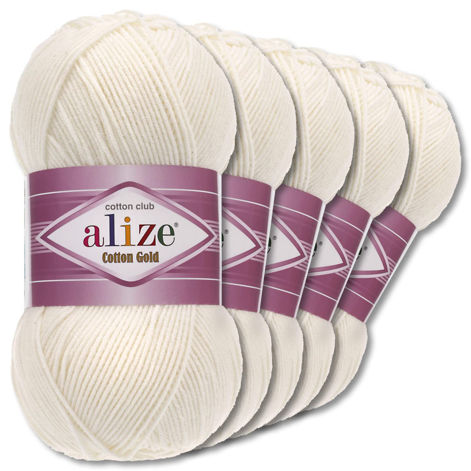 Alize 5 x 100 g Cotton Gold Premium Wolle| 39 Farben Sommerwolle Garn Stricken Amigurumi (62 | Hellcreme)