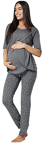 HAPPY MAMA Damen Umstands Pyjama Stillfunktion Halbe Ärmel Frequenzweiche 1021 (Graphit Melange & Graphit mit Punkten, 38-40, M)