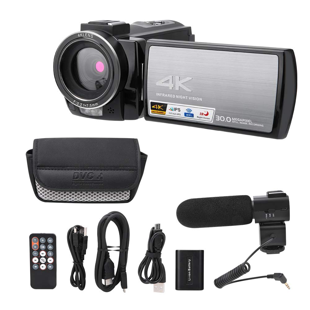 Topiky 4K UHD-Camcorder, 16-facher Zoom, 30 MP WiFi-Digitalvideokamera mit Mikrofonunterstützung, IR-Nachtsichtgerät/Fernbedienung(#2: Standard + Microphone with Battery)