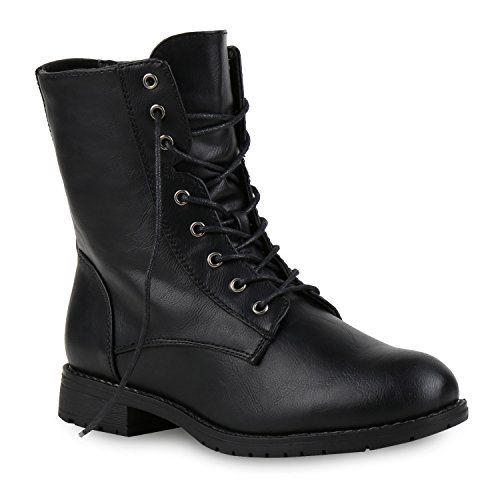Damen Schnürstiefeletten Boots Camouflage Stiefeletten Leder-Optik Schnür Übergrößen Schuhe 121963 Schwarz Camargo 36 Flandell
