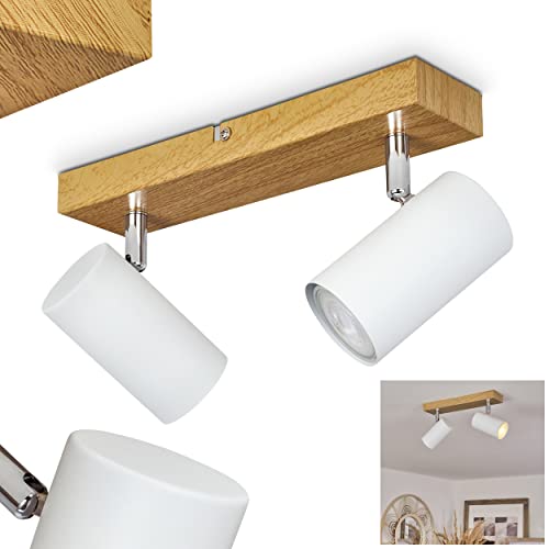 Deckenleuchte Javel, Deckenlampe aus Metall in Holzoptik/Chrom/Weiß, 2-flammig, 2 x GU10 max. 35 Watt, Moderne Lampe mit 2 verstellbaren Spots