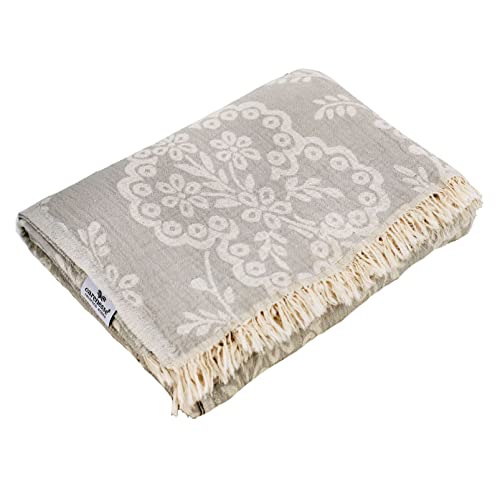 Carenesse Tagesdecke Paisley grau, 150 x 200 cm,100% Baumwolle, leichte dünne beidseitig schöne Decke mit kurzen Fransen, Überwurf für Bett Sofa und Couch, Tischdecke, Dekodecke