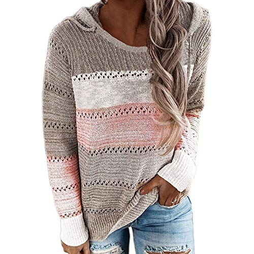 Zhenwo Pullover Damen Mit Kapuze V Ausschnitt Streifen Herbst Winter Elegant Frauen Hoodie Gestreift Strick Sweatshirts Langarm Pulli Kapuzenpullover Mit Tunnelzug,Grau,XXL