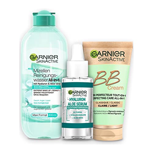Garnier Pflegeset für das Gesicht, Mit Mizellen Reinigungswasser, Hyaluron Aloe Serum und BB Cream, Für einen strahlenden Teint, Skin Active, 3-teilig