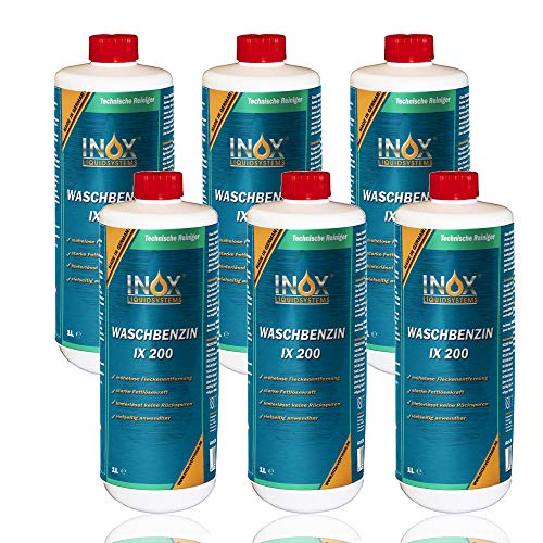 INOX® - IX 200 Waschbenzin 6 x 1L - Lösungsmittel für Fleckentfernung auf Textil, Kunststoff, Oberflächen & Arbeitsgeräten - Waschbenzin Reinigungsbenzin - Benzin Reiniger