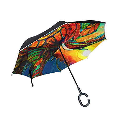 ISAOA Doppelschichtiger umgekehrter faltbarer Regenschirm, selbststehender und umgekehrter Autoschirm, Elefanten-Fantasie, winddichter Regenschirm, mit UV-Schutz