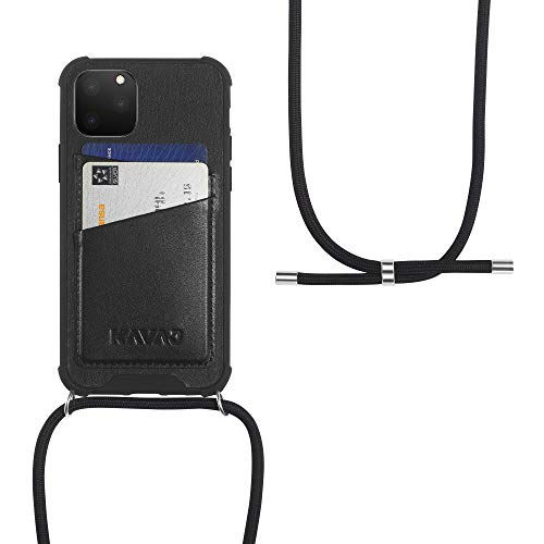 KAVAJ Hülle mit Band geeignet für Apple iPhone 11 6.1" Leder - Amsterdam - Handyhülle Handykette Handytasche mit Kette zum Umhängen - Kordel Schwarz/Ring Silber