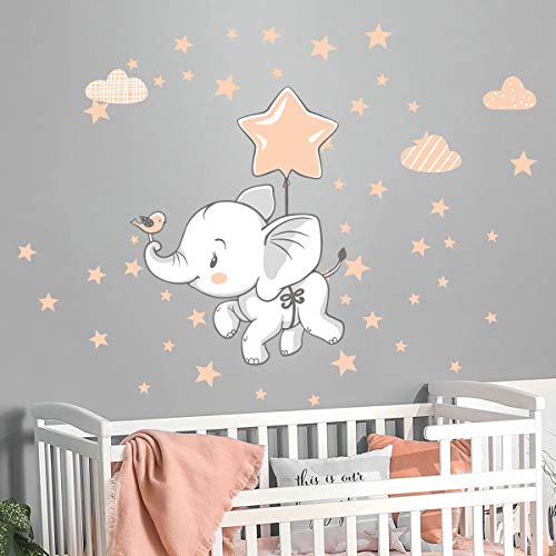 Wandsticker Kinder - Babyzimmer - Wandtattoo Kinderzimmer - Wandtattoo fröhlicher Elefant + 120 Sterne - Wandaufkleber Junge - H40 x L30 cm
