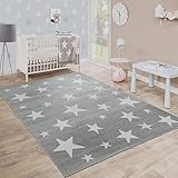 Paco Home Moderner Kurzflor Kinderteppich Sternendesign Kinderzimmer Star Muster Grau Weiß, Grösse:133 cm Quadrat
