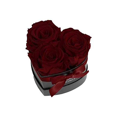 Infinity Flowerbox Small Herz - 3 echte Premiumrosen in Dunkelrot - 3 Jahre haltbar ohne gießen | In Geschenkverpackung mit Satinschleife