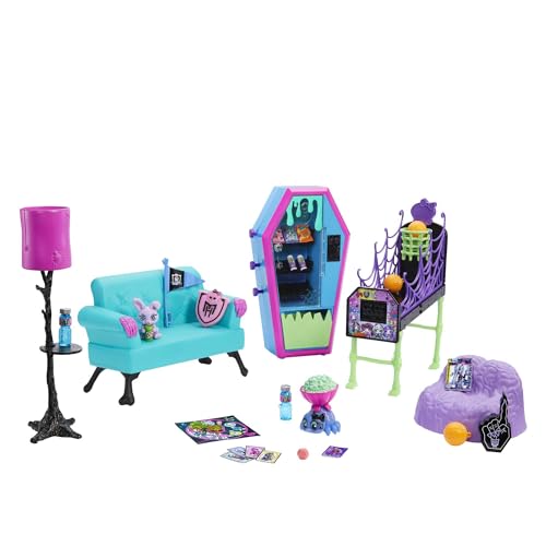 Monster High Studenten-Lounge-Spielset, Puppenhausmöbel und passende Zubehörteile mit zwei Haustieren und funktionierendem Verkaufsautomaten, HRP57