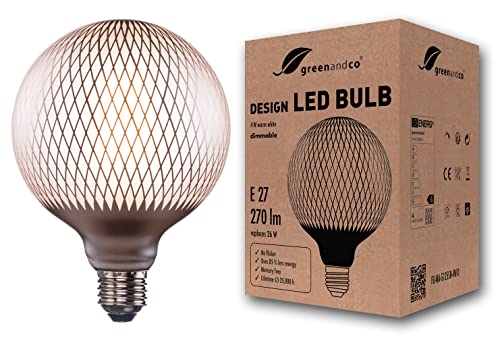 greenandco® Vintage Design LED Lampe silber gemustert (Rauten) dimmbar E27 G125 4W 270lm CRI90+ 2700K warmweiß zur Stimmungsbeleuchtung flimmerfrei 360° 230V, 2 Jahre Garantie