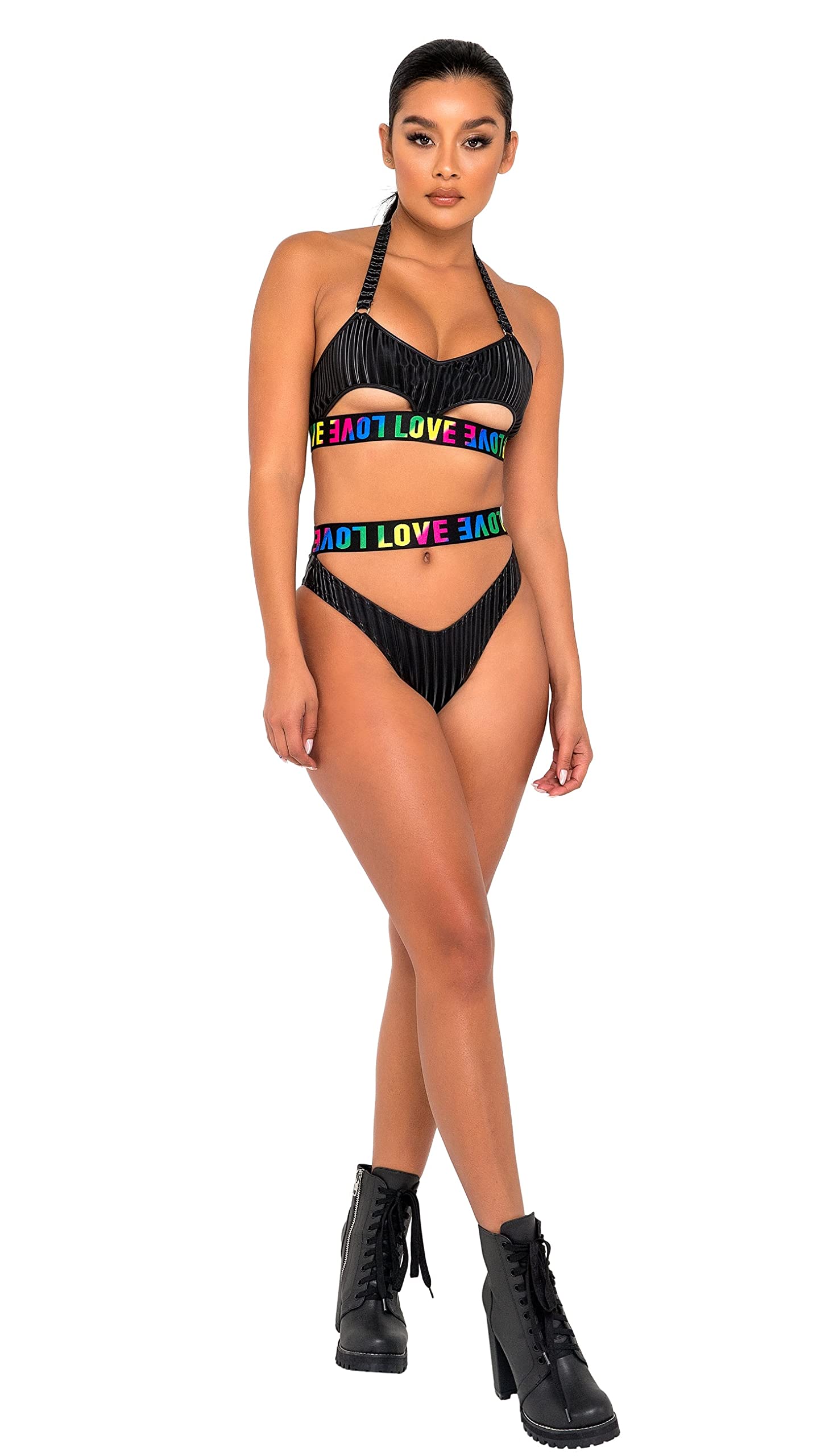 Roma Damen Pride Collection Bikinioberteil mit Unterbrustausschnitt für Rave/Festival Bikini, Schwarz/Multi, Large