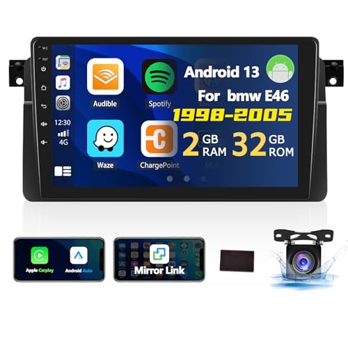 [2G + 32G] Autoradio Android 13 für BMW 3er E46 1998 – 2006 mit Carplay Android Auto, Radio Touchscreen 9 Zoll mit GPS WiFi FM/RDS EQ Bluetooth Mirror Link Canbus + AHD Rückfahrkamera & Mic