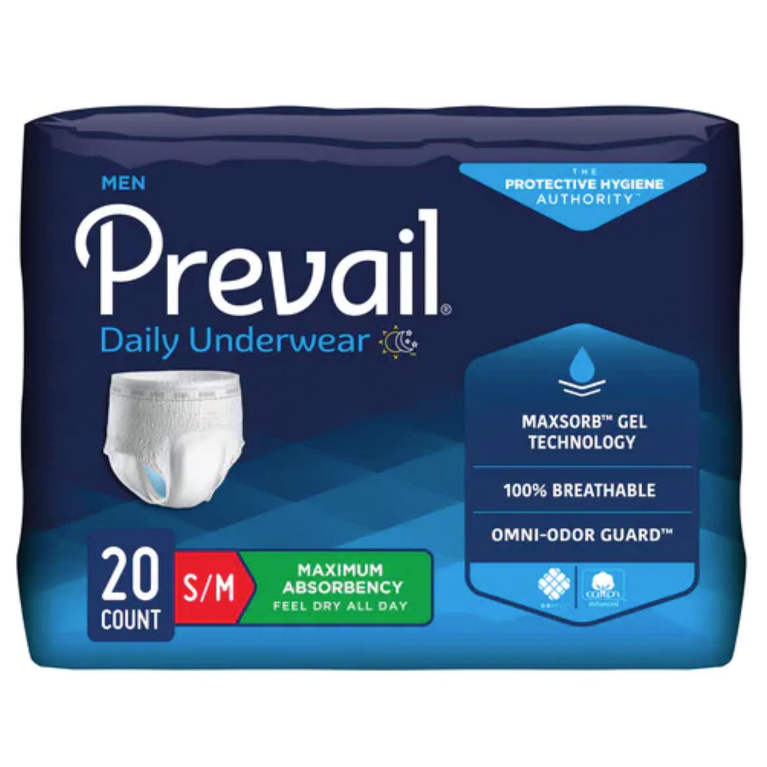 Prevail Schutzunterwäsche für Erwachsene, Inkontinenzunterwäsche, Unisex, maximale Saugfähigkeit, Größe S/M, 20 Stück