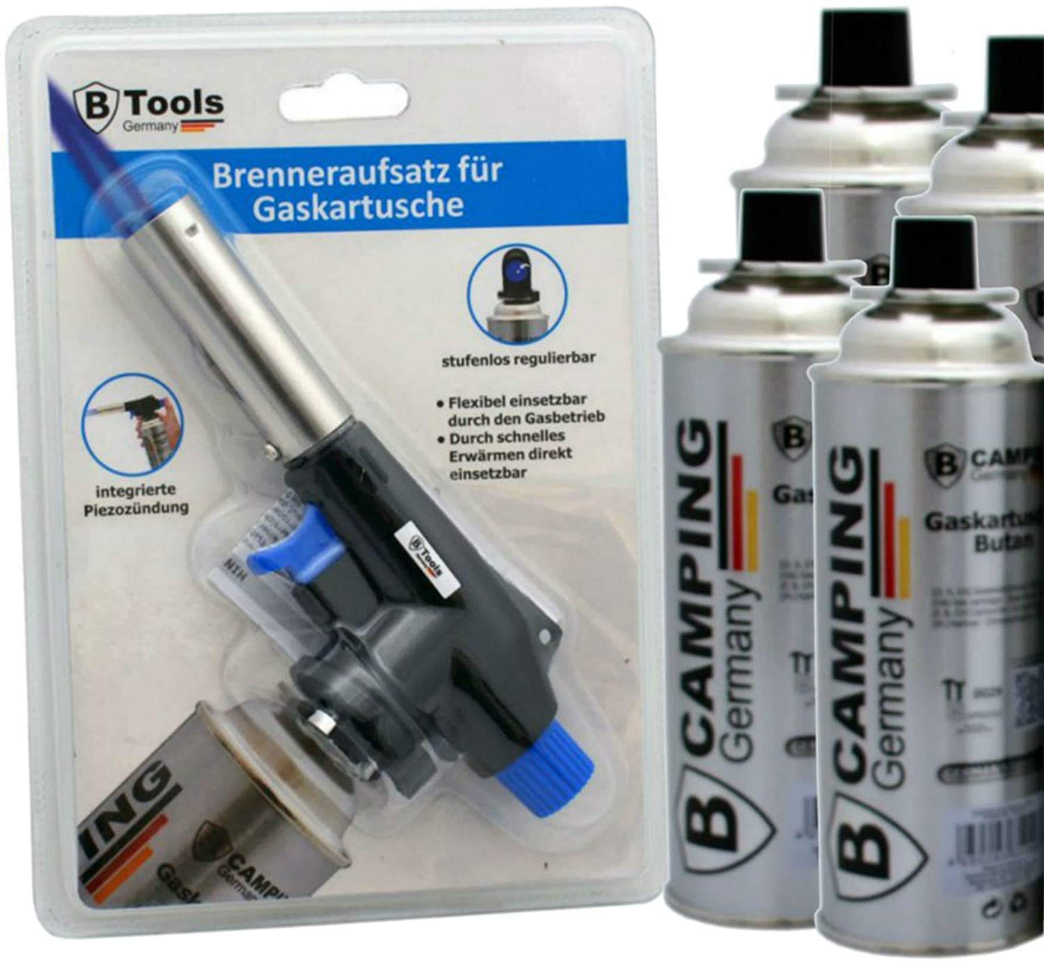 TronicXL Hand Unkrautbrenner + 4 Kartuschen Butangas - Unkrautvernichter Gasbrenner Abflammgerät Gas Unkrautverbrenner Flammenwerfer mit Piezo Zündung