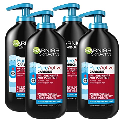 Garnier SkinActive Pure Active Reinigungsgel gegen Mitesser mit pflanzlicher Holzkohle für fettige Haut, reinigt Poren, Formel mit Salicylsäure und Blaubeerextrakt – 4 Flaschen à 200 ml