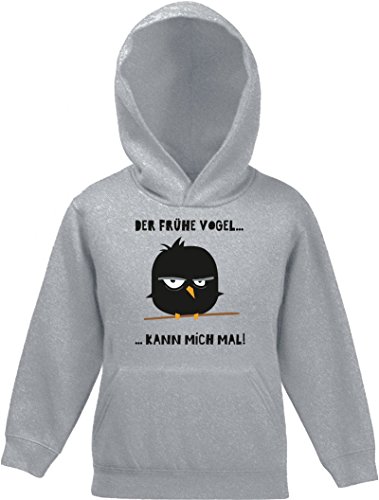 Morgenmuffel Kinder Kids Kapuzen Hoodie - Pullover mit Angry Bird - der Frühe Vogel Motiv, Größe: 152,Graumeliert