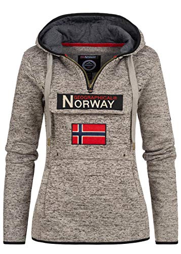Geographical Norway Damen Half Zip Hoodie Kapuzenpullover Sweater Brusttasche Embro Känguru Pocket Sleeve Rupper Patch, Blende Grey, Gr:S