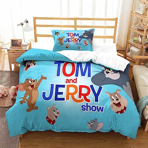 WADRI 3D Tom Und Jerry Bettbezug-Set Mit Kissenbezug, 2-Teilig, Cartoon-Bettbezug, Mikrofaser-Bettwäsche-Set Für Jungen Und Mädchen, 135X200cm