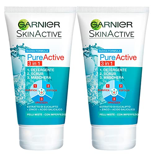 Garnier SkinActive PureActive 3in1 Reinigungsmaske mit Eukalyptus, Zink, Salicylsäure, Peeling, mattierend, für Mischhaut mit Unvollkommenheiten – 2 Flaschen à 150 ml