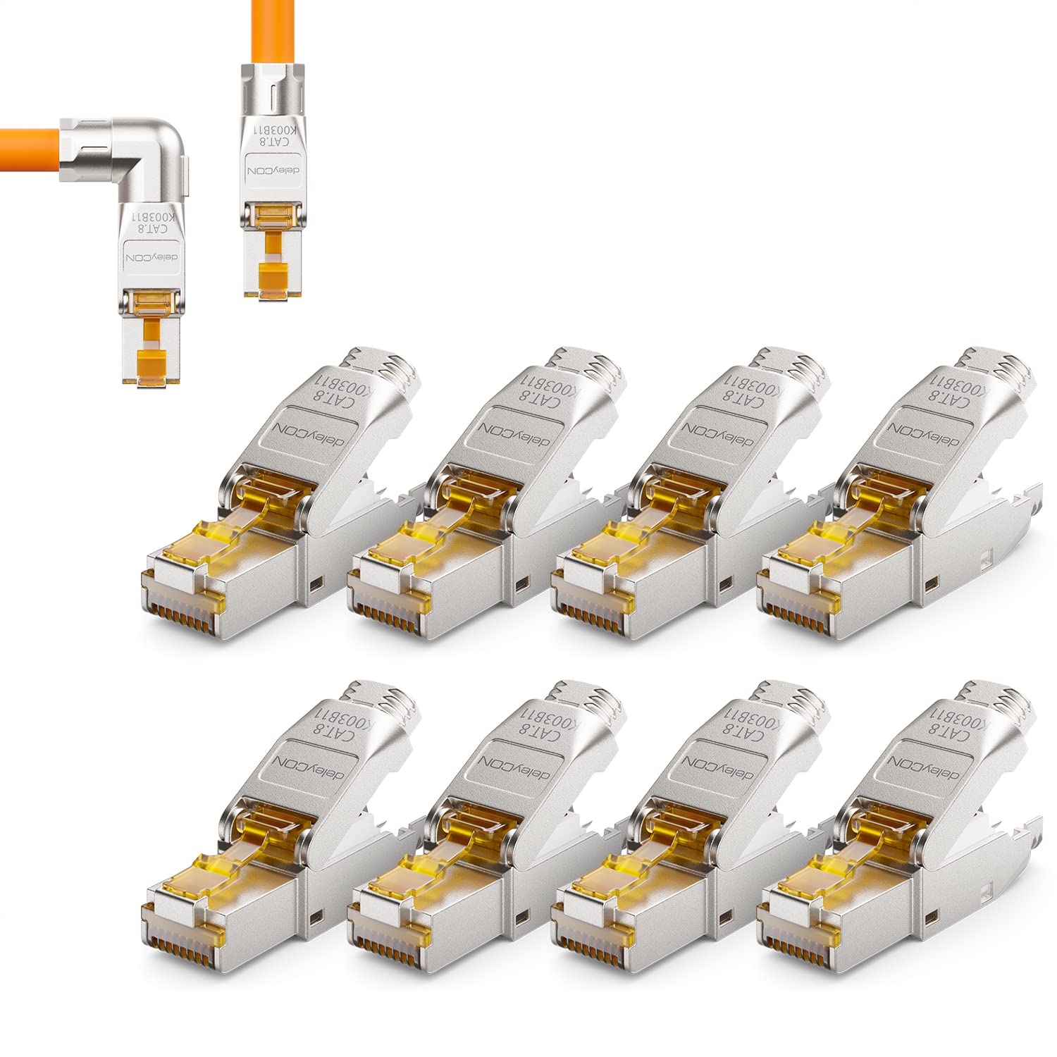 deleyCON 8x CAT 8 Netzwerkstecker 90° Winkel Stecker RJ45 Werkzeuglos Geschirmt 40 Gbit/s Netzwerk Stecker für Starre Verlegekabel Rohkabel Steckverbinder RJ45 Ethernet LAN DSL Patchkabel