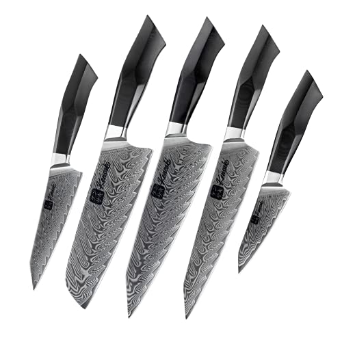 KENSAKI 5er Messerset aus Damaszener Stahl Küchenmesser Japanischer Art hergestellt aus 67 Lagen Damaststahl – Kona Serie