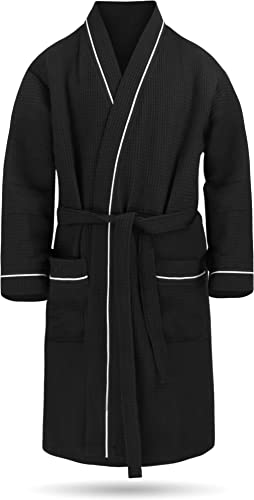Herren Morgenmantel aus 100% Baumwolle - Waffelbademantel - dünner Kimono für Männer (Gr. S - 6XL) Farbe Schwarz Größe 3XL