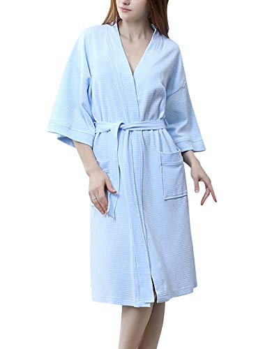 ShiFan Bademantel Saunamantel Morgenmantel Nachtwäsche Kimono Mit 3/4 Ärmel V-Ausschnitt Damen Herren Hellblau 1 M
