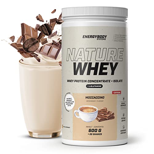 Energybody Nature Whey Protein Isolate & Concentrate 600g / zucker- und fettarmes Molkenproteinpulver mit Koffein / Eiweiß Pulver ohne künstliche Verdickungsmittel / Eiweiss Shake (Moccaccino)