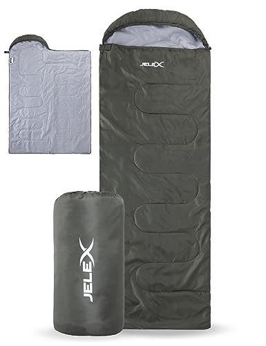 JELEX Outdoor Camping ultraleichter Schlafsack 220 x 75 cm, Komfortbereich 15 °C, mit Kapuzen-Kopfteil und Deckenfunktion, aus antistatisches Material (grün)