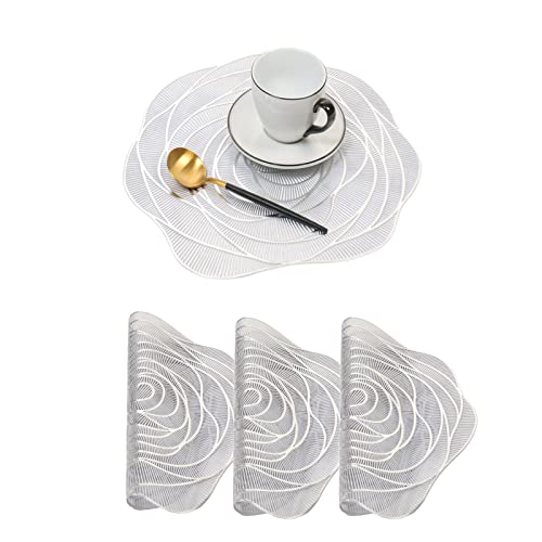 Hosoncovy 4er Pack Rose Platzsets Tischsets Set Waschbares PVC rutschfeste hitzebeständige Tischsets Tischsets Tischsets Holzmaserung Mahlzeitmatte für Küche und Esszimmer für Waldhochzeiten (Silber)