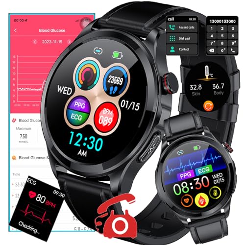 Fohatu 𝐁𝐥𝐮𝐭𝐳𝐮𝐜𝐤𝐞𝐫𝐆𝐥𝐮𝐜𝐨𝐬𝐞 Smartwatch 𝐄𝐂𝐆,Smartwatch Bluetoothm-Anrufe, Fitness-Tracker Mit Blutdruck, Pulsschlag Blutsauerstoff Monitor, Schritt Schalter, Sportuhr,B
