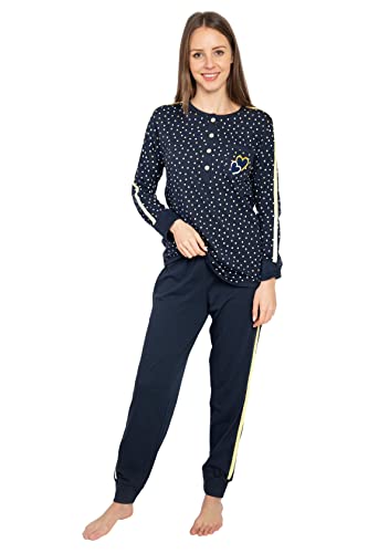 Damen Pyjama Schlafanzug Baumwolle Langarm DW192 (34/36, Blau)