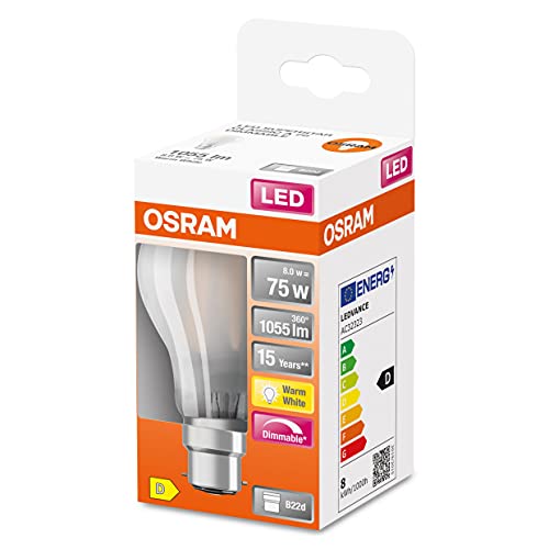 OSRAM LED-Lampe, Sockel: B22d, Warm weiß, 2700 K, 9 W, Ersatz für 75-W-Glühbirne, matt, LED Retrofit CLASSIC A DIM, 6er-Pack