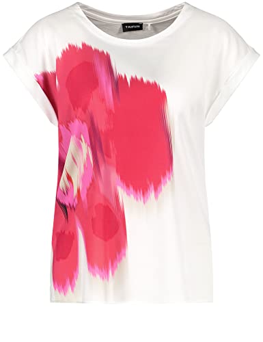Taifun Damen T-Shirt mit Satin-Front Kurzarm, mit Ärmelaufschlag T-Shirt Kurzarm Rundhals T-Shirt Frontprint Offwhite Gemustert 36