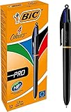 BIC 4 Farben Kugelschreiber Set 4 Colours Pro, mit schwarzem Schaft, 12er Pack, nachfüllbar, Ideal für das Büro, das Home Office oder die Schule