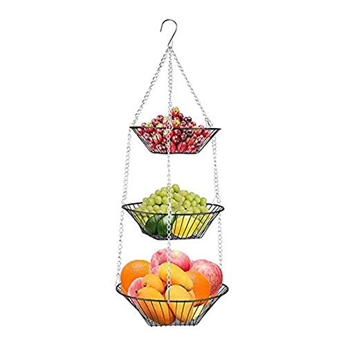 3-lagiger Obstkorb hängend Gemüsekorb aus Metall mit Deckenhaken Obstnetz Zum Aufhängen Hängender Küchenampel Obst Hängekorb Küche für hält Obst und Gemüse frisch
