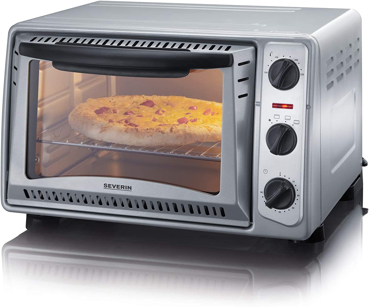 SEVERIN Back- und Toastofen, mobiler Backofen für Pizza, Aufläufe, Kuchen, Brötchen etc., Toaster Ofen mit 1.500 W und Temperaturen von 100 bis 230 °C, silber, TO 2045