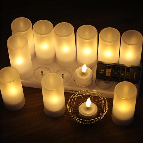 EuroFone Flameless LED Teelicht Kerze wiederaufladbare LED Kerzen mit Cup 12pcs (Warm white with remote)