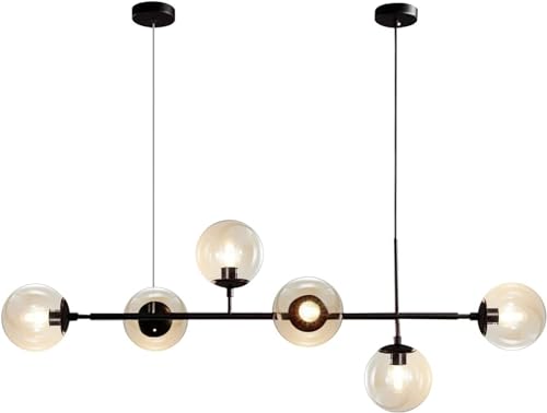 Moderne Rechteckige Leuchte Linearer 6-Licht-Glaskugel-Kronleuchter Vintage Schwarz Linear Pendelleuchte Einstellbare Kücheninsel Beleuchtung,Black+amber