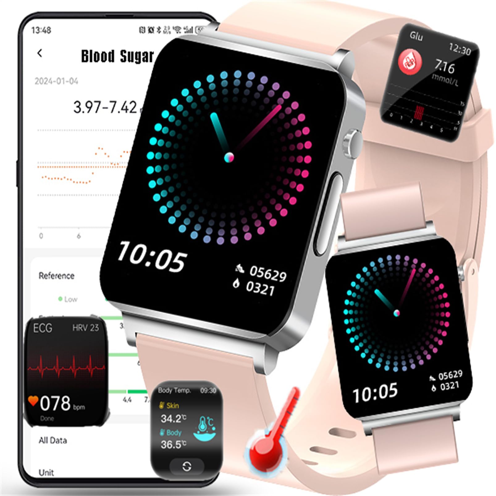 Fohatu 𝐁𝐥𝐮𝐭𝐳𝐮𝐜𝐤𝐞𝐫𝐛𝐥𝐮𝐭𝐳𝐮𝐜𝐤𝐞𝐫𝐦𝐞𝐬𝐬𝐮𝐧𝐠 Smartwatch 𝐄𝐂𝐆,Smartwatch Bluetoothm-Anrufe, Fitness-Tracker Pulsschlag Blutsauerstoff Monitor,Schritt Schalter,Sportuhr,D
