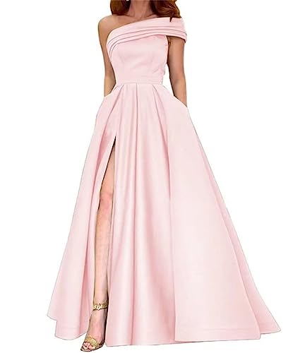 Eine Schulter Satin Prom Kleid mit Schlitz Lange Abendkleider für Frauen Formale mit Taschen A Linie Hochzeit Party Kleid, rose, 44