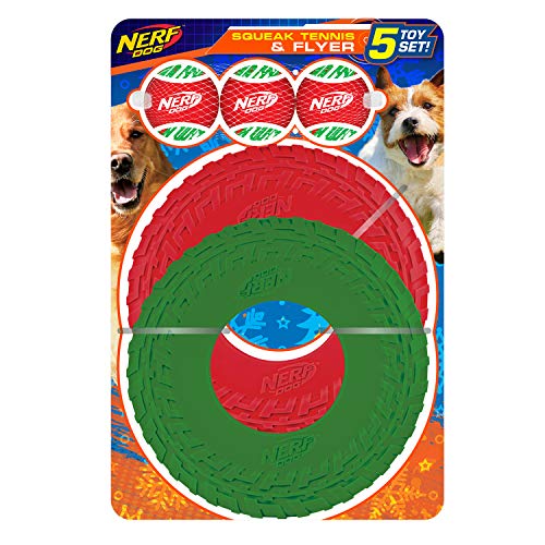 Nerf Dog 5-teiliges Hundespielzeug-Geschenk-Set, enthält 6,3 cm Quietsch-Tennisball, 3er-Pack und 25,4 cm TPR-Reifenflyer, 2er-Pack, Nerf Tough Material, Rot und Grün